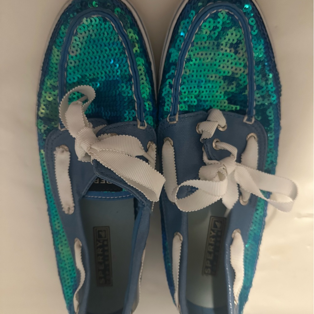 Sperry Blue and Green Sequin Boat Shoes